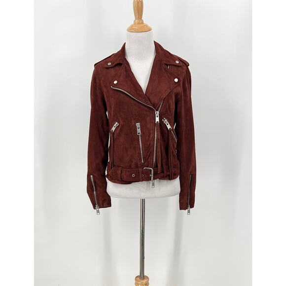 All Saints Jackets & Blazers - ALLSAINTS Plait Balfern Suede Biker Jacket Womens 6 Burgundy Maroon Moto Zip